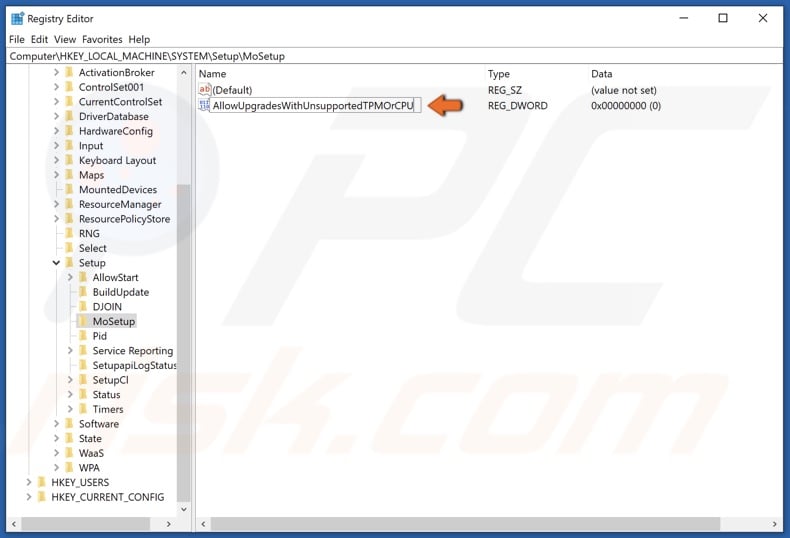 Name the new value AllowUpgradesWithUnsupportedTPMOrCPU and save it