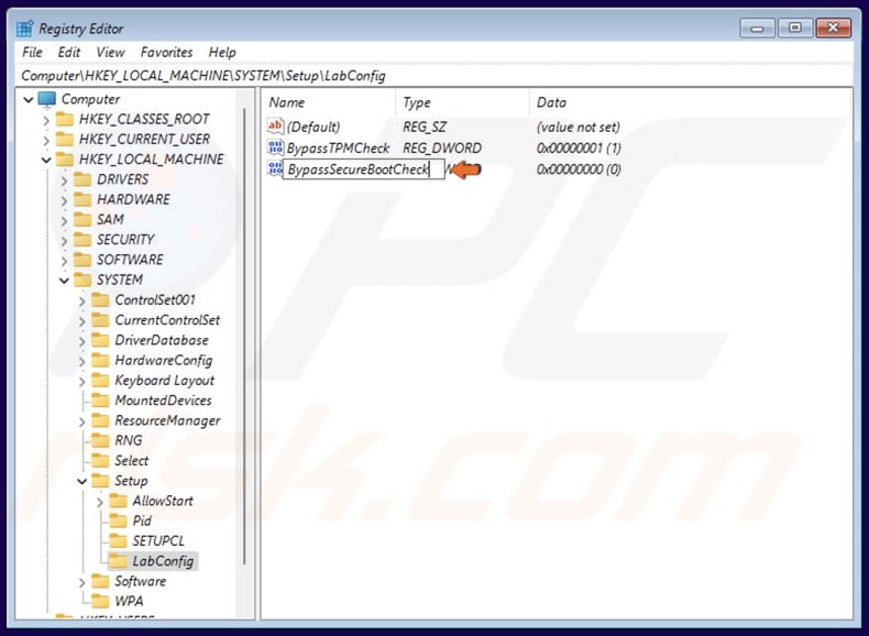 Name the new value BypassSecureBootCheck and save it