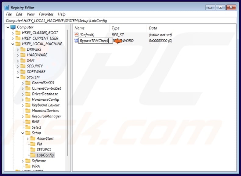 Name the new key BypassTPMCheck and save it