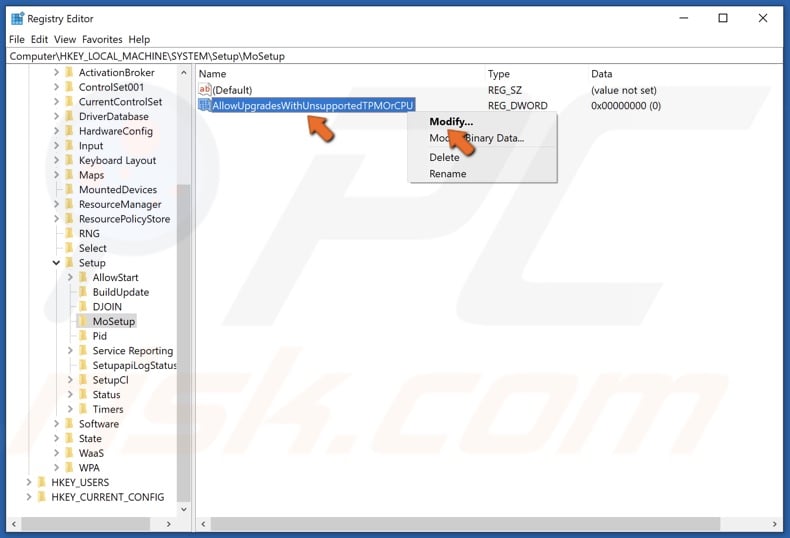 Right-click the AllowUpgradesWithUnsupportedTPMOrCPU value and click Modify