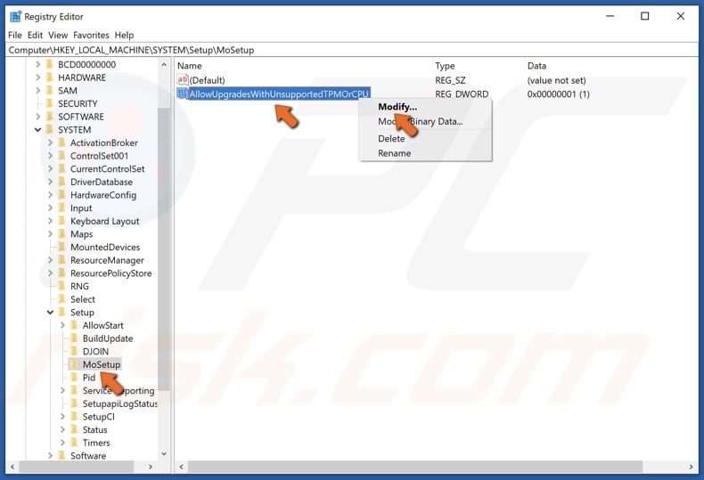 Right-click the AllowUpgradesWithUnsupportedTPMOrCPU value and click Modify