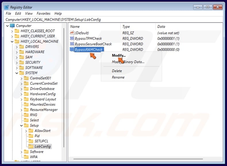 Right-click the BypassRAMCheck key and click Modify