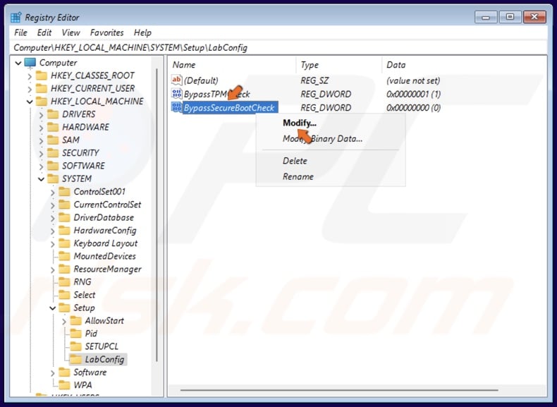 Right-click the BypassSecureBootCheck key and click Modify