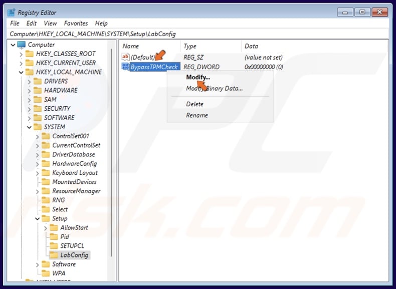 Right-click the BypassTPMCheck key and click Modify