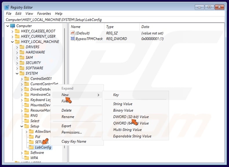 Right-click the LabConfig key again, select New, and click DWORD (32-bit) Value