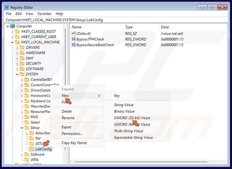Right-click the LabConfig key, select New, and click DWORD (32-bit) Value