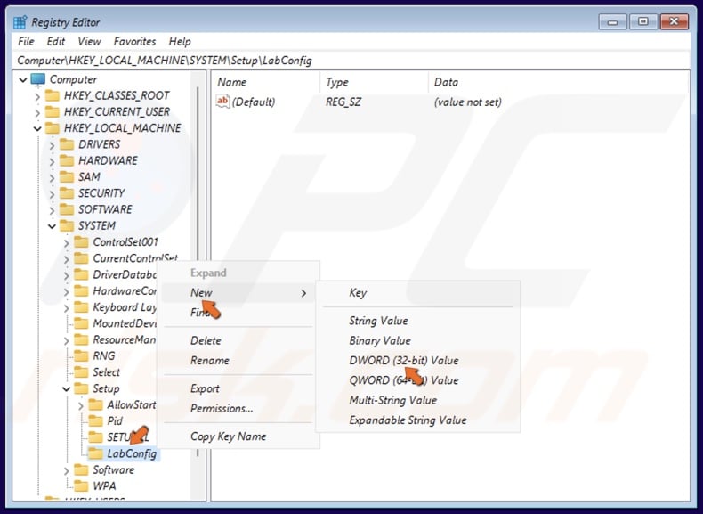 Right-click the LabConfig key, select New, and click DWORD (32-bit) Value