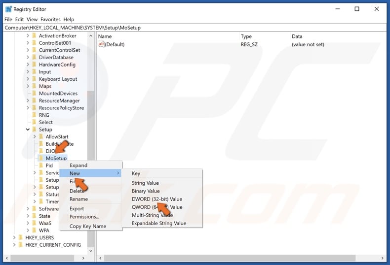 Right-click the MoSetup key, select New, and click DWORD (32-bit) Value