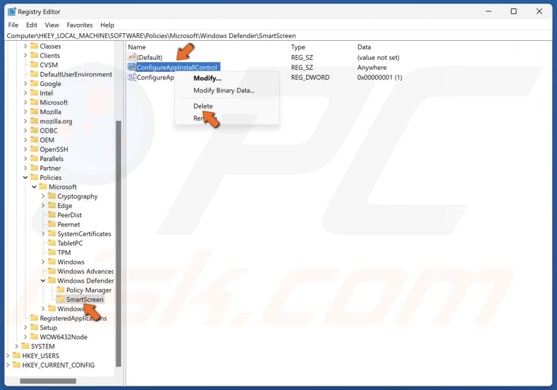 Select the SamrtScreen key, right-click the ConfigureAppInstallControl value, and click Delete