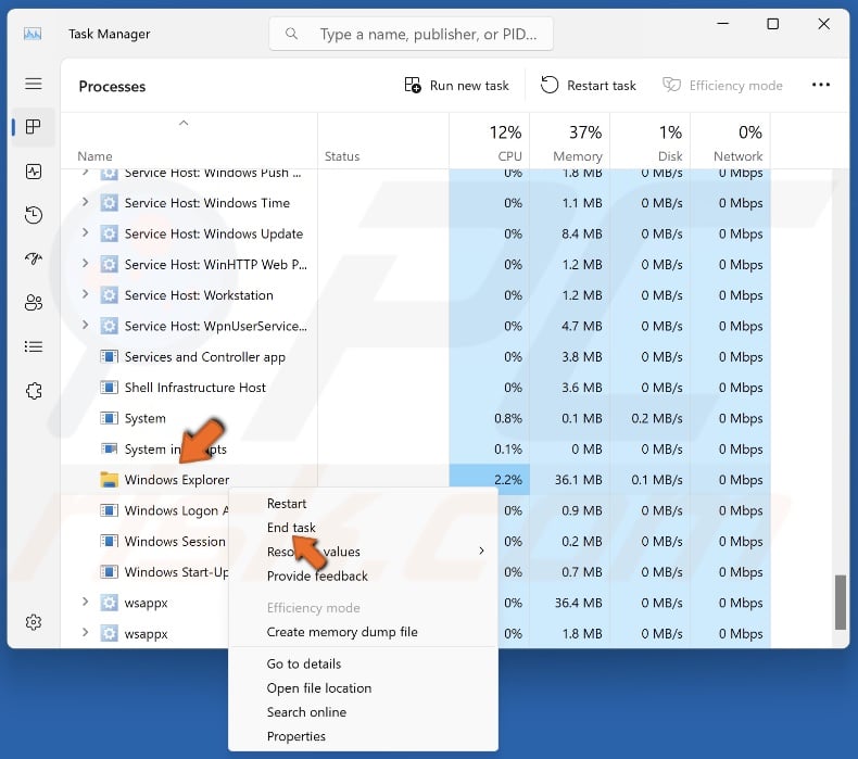 Right-click Windows Explorer and click End task