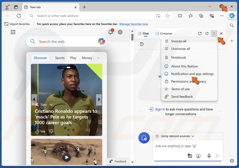 Click the Copilot button at the top-right of the Edge window, click the three-dot button and click Notification and App settings