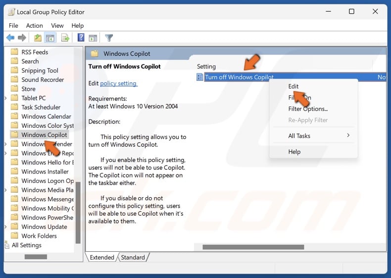 Select the Windows Copilot folder, right-click the Turn off Windows Copilot policy and click Edit