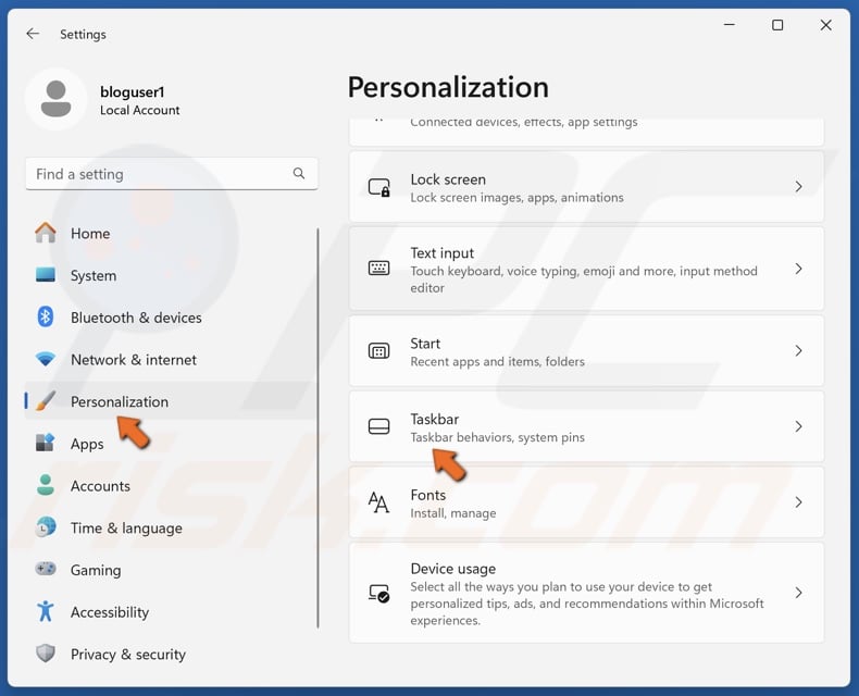 Select the Personalization panel and click Taskbar