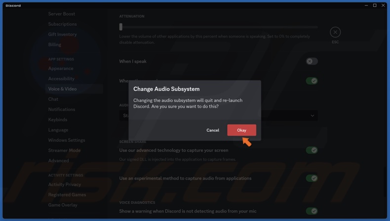 Click Okay to change the audio subsystem