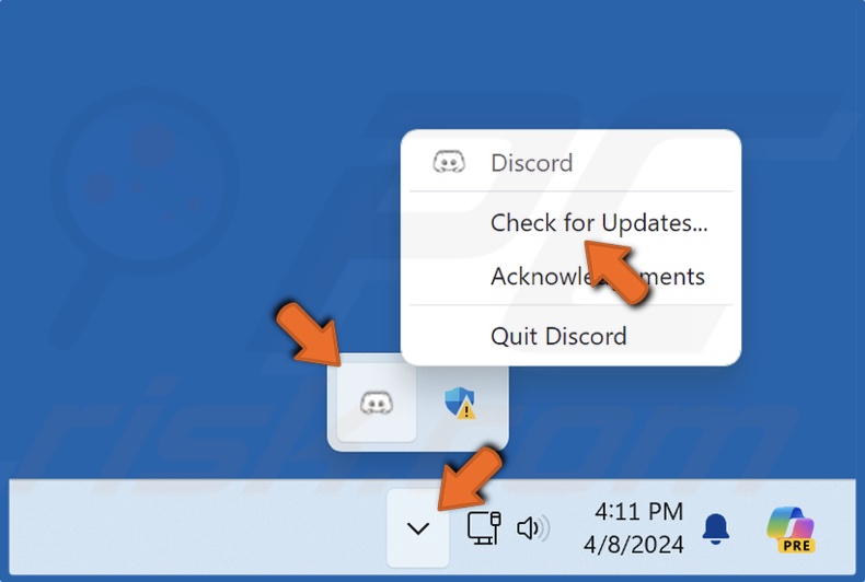 Right-click the Discord icon and click Check for Updates