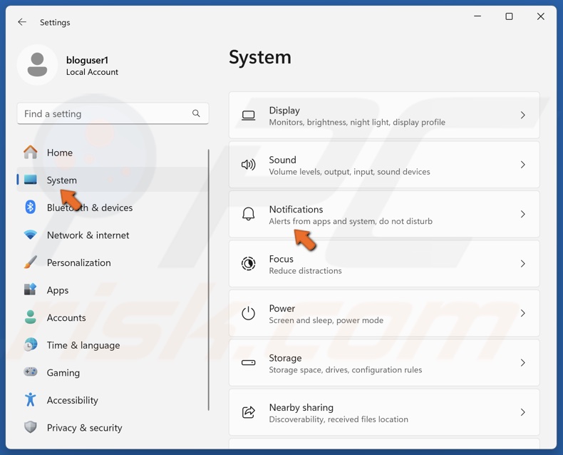 Select the System panel and select Notifications