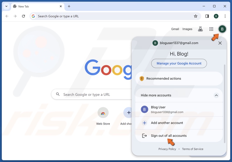 Click your Google account profile icon and click Sign out of all accounts