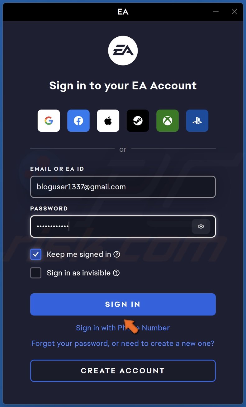 Enter EA app login credentials and click Sign In