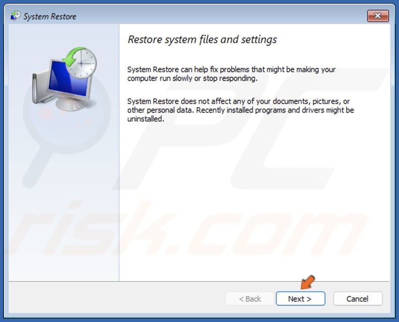 Click Next in the System Restore window