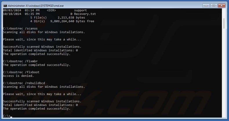 Run the bootrec /scanos /fixmbr /fixboot /rebuildbcd commands