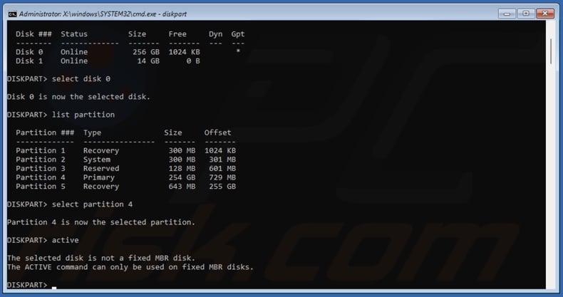 Run list partition, select partition, and active commands