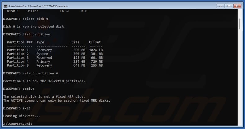 Type exit, to exit the diskpart utility and type exit again to close the Command Prompt