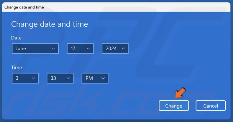 Set the correct time and date and click Change