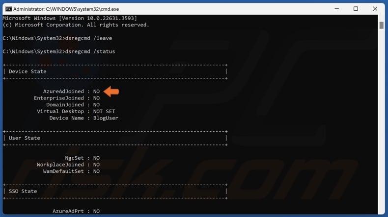 Run the dsregcmd /status command and check if AzureAdJoined is set to NO