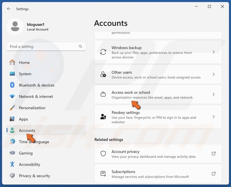 Select Accounts and select Access work or school