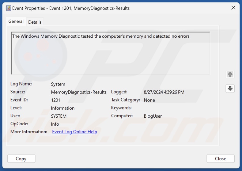 Memory Diagnostics Tool results