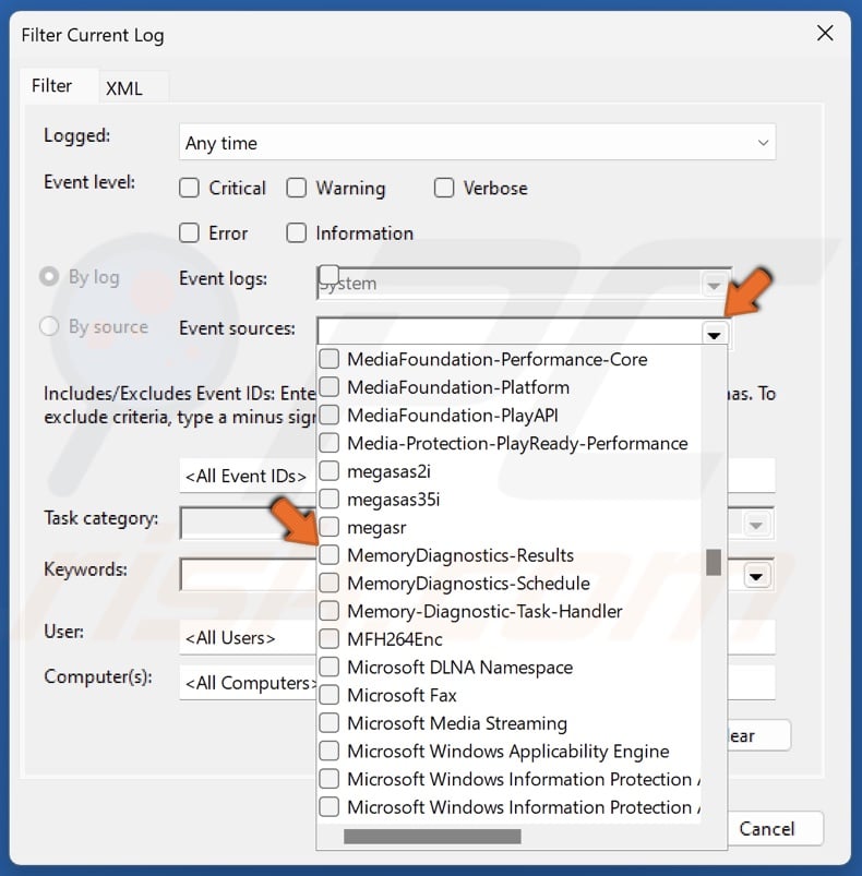 Open the Event sources menu and select MemoryDiagnostics-Results