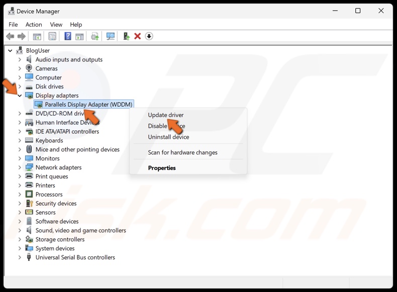 Right-click the display adapter and click Update driver