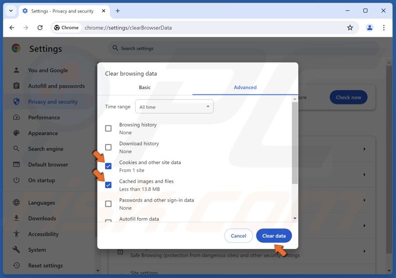 Leave only Cookies and other site data and Cached images and files checkboxes marked