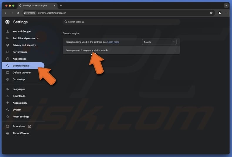 Click Manage search engines and site search