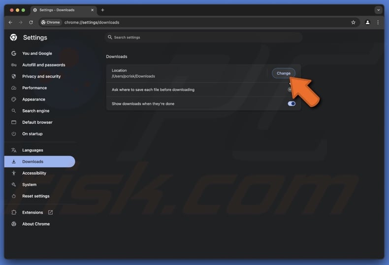 Chnage downloads location in Chrome