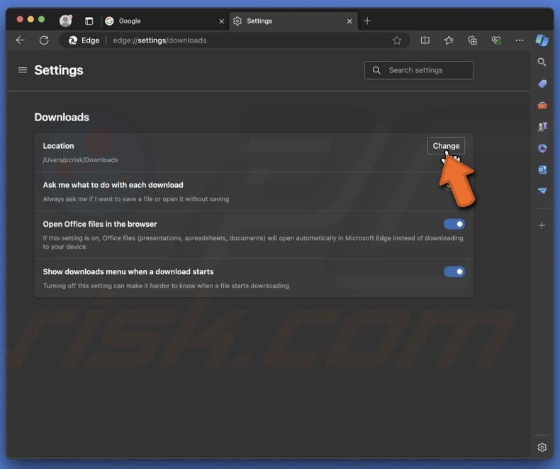 Change downloads location on Edge