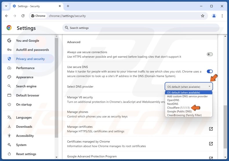 Open the drop-down menu and select the Cloudflare DNS server