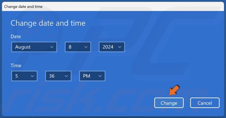 Set the correct time and date and click Change