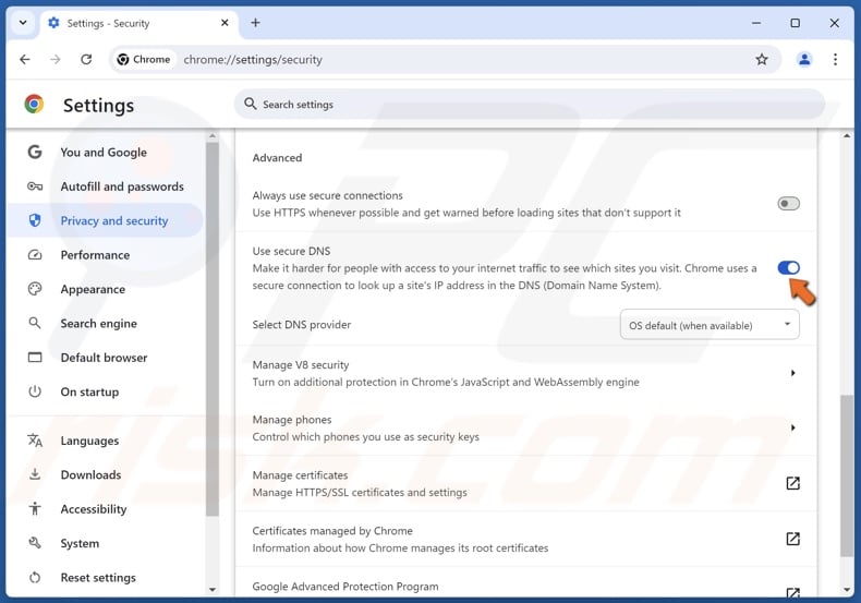 Toggle on the Use secure DNS option