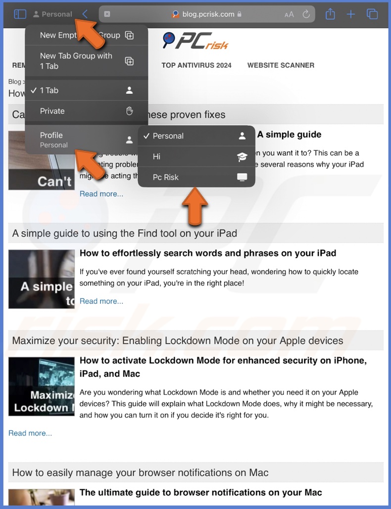 Switch safari profiles on iPhone and iPad