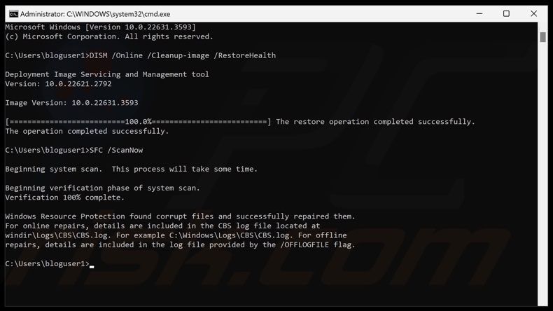 Run DISM /Online /Cleanup-Image /RestoreHealth and SFC /ScanNow commands