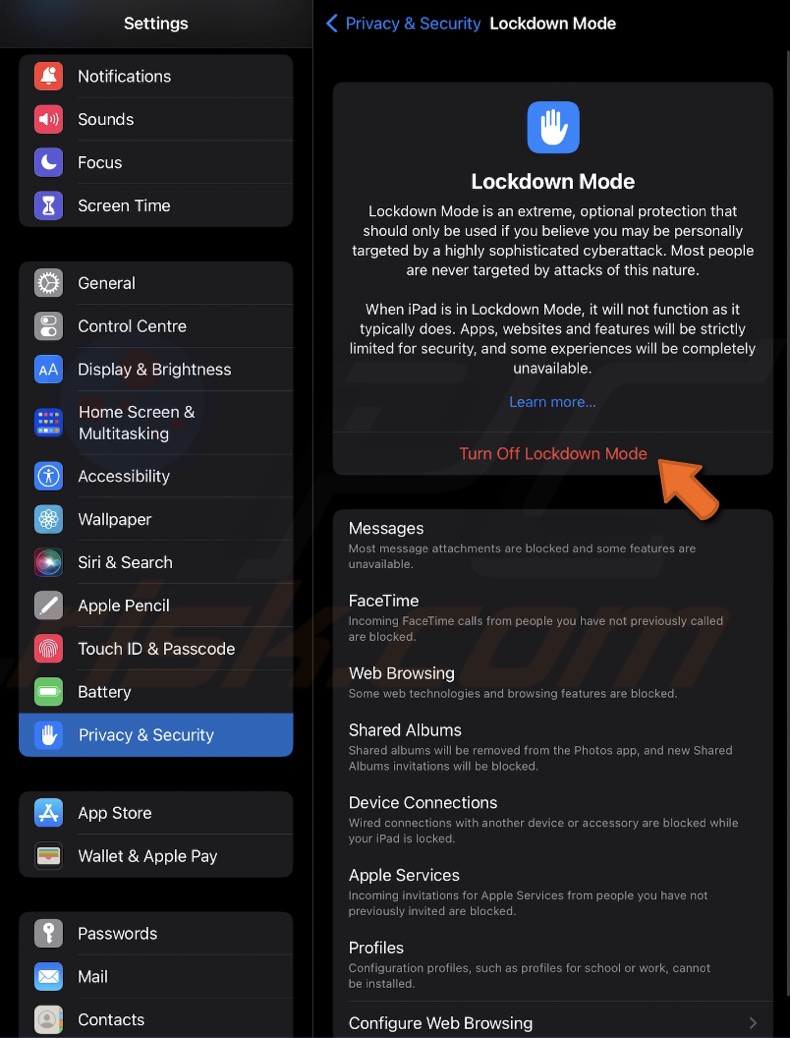Turn off Lockdown Mode on iPad