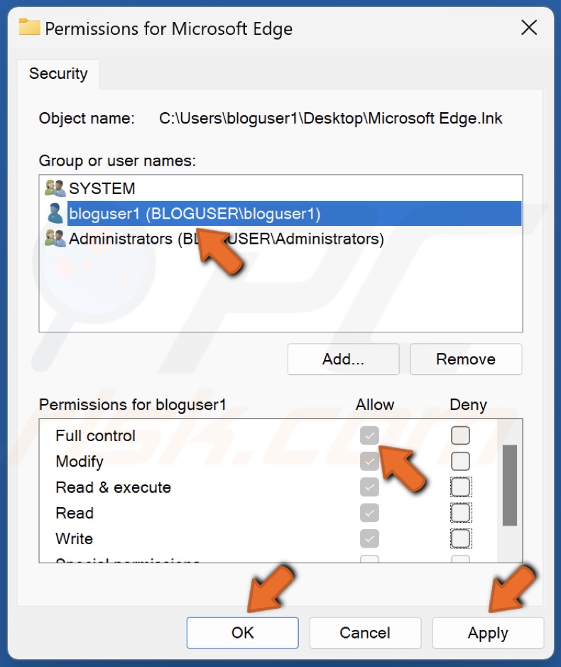 select your administrator account and mark the Allow checkbox next to Full Control