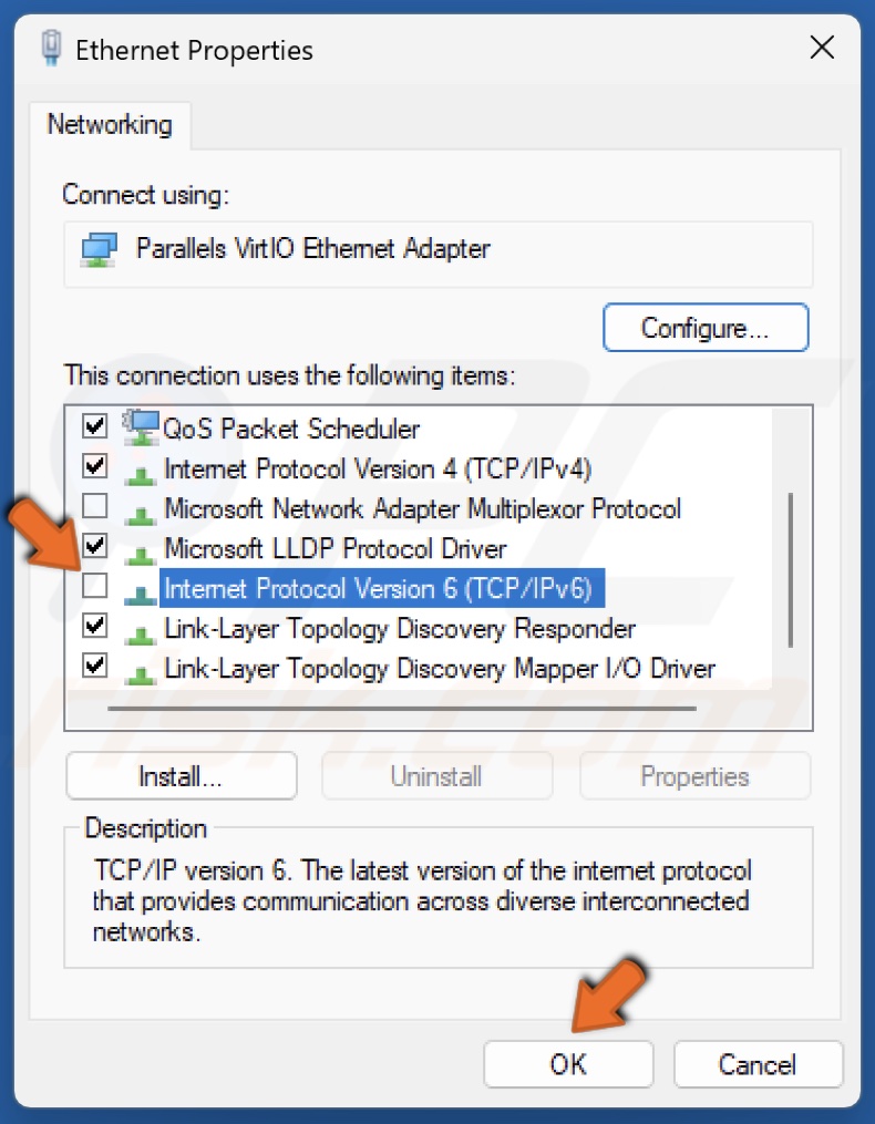 Unmark Internet Protocol Version 6 (TCP/IPv6) and click OK