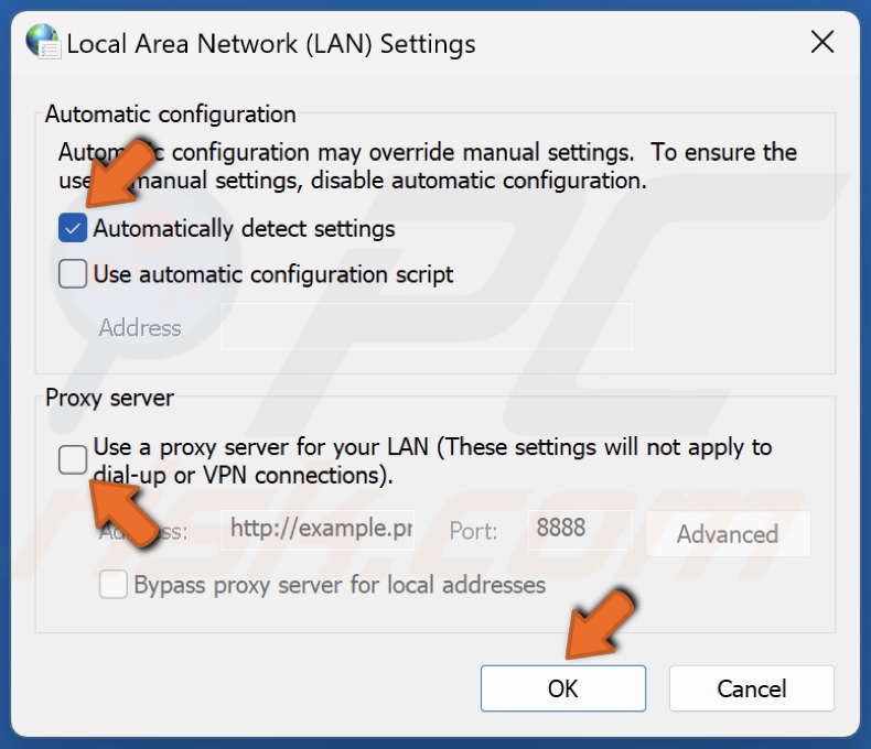 Unmark Use a proxy server for your LAN and mark Automatically detect settings