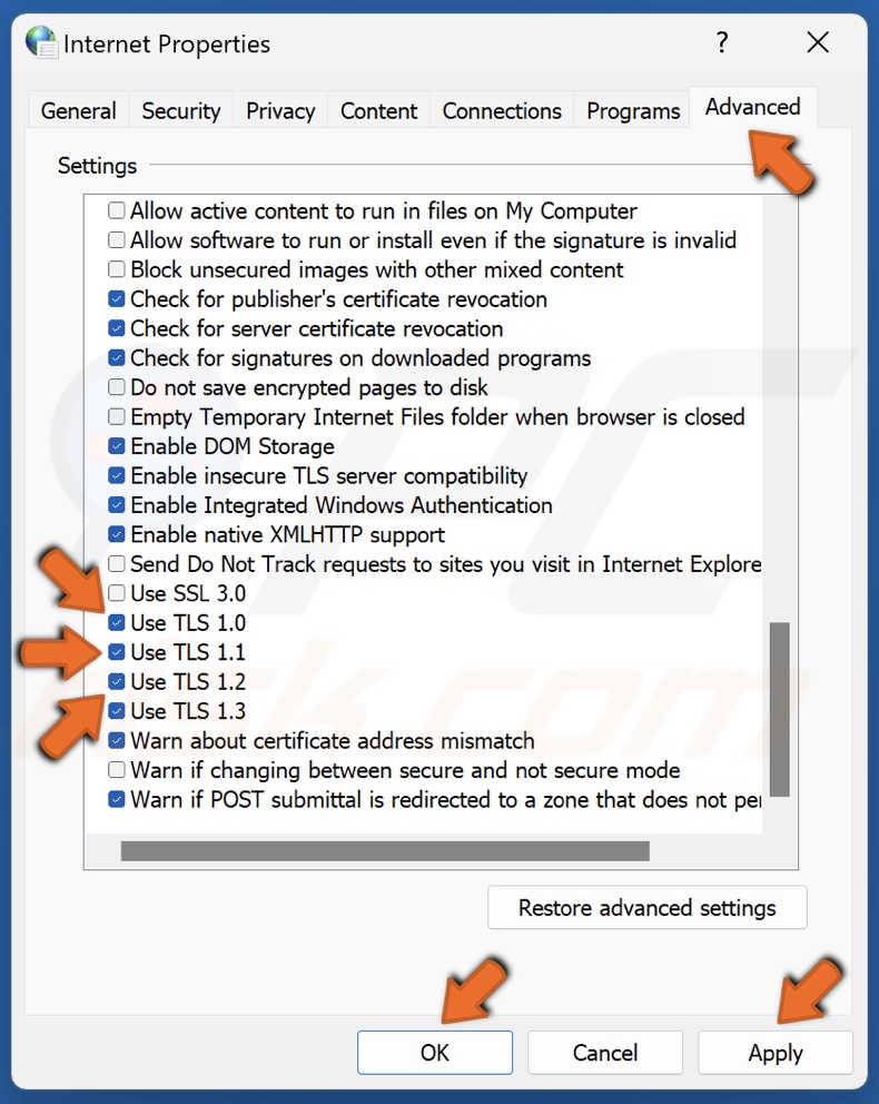 Mark the checkboxes next to Use TLS 1.0, Use TLS 1.1, and Use TLS 1.2