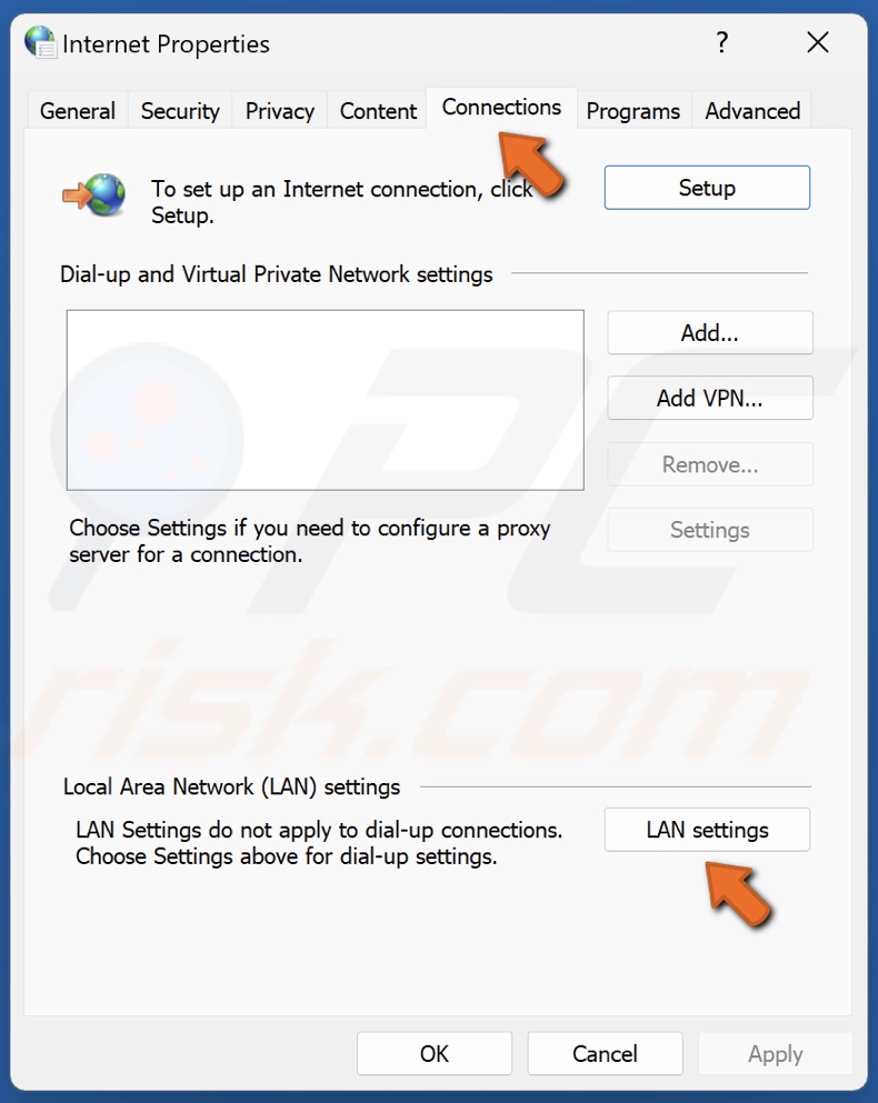 Select Connections and click LAN settings