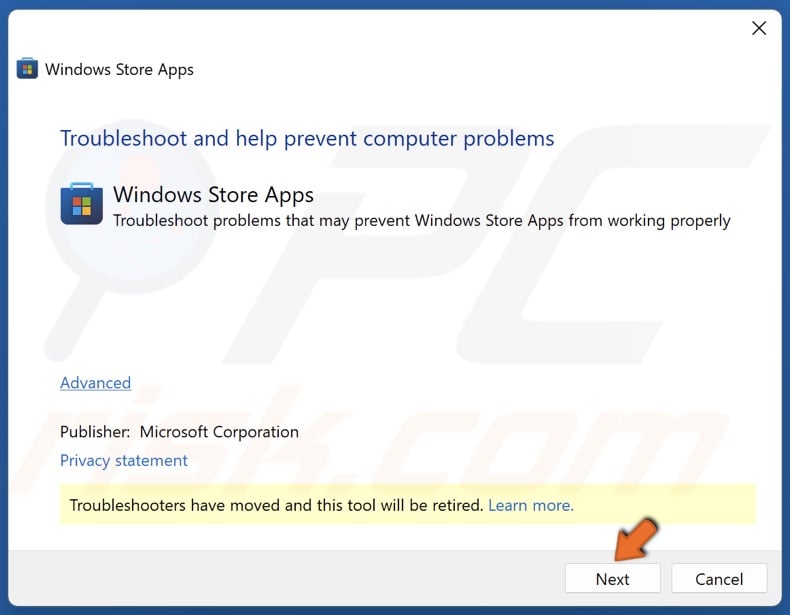 Click Next in the troubleshooter window