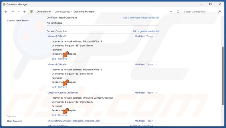 Click Remove next to OneDrive Cached Credential, MicrosoftOffice16, and MicrosoftOffice15 credentials