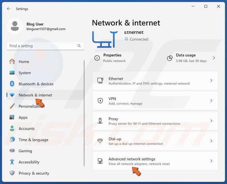 Select the Network & internet panel and click Advanced network settings